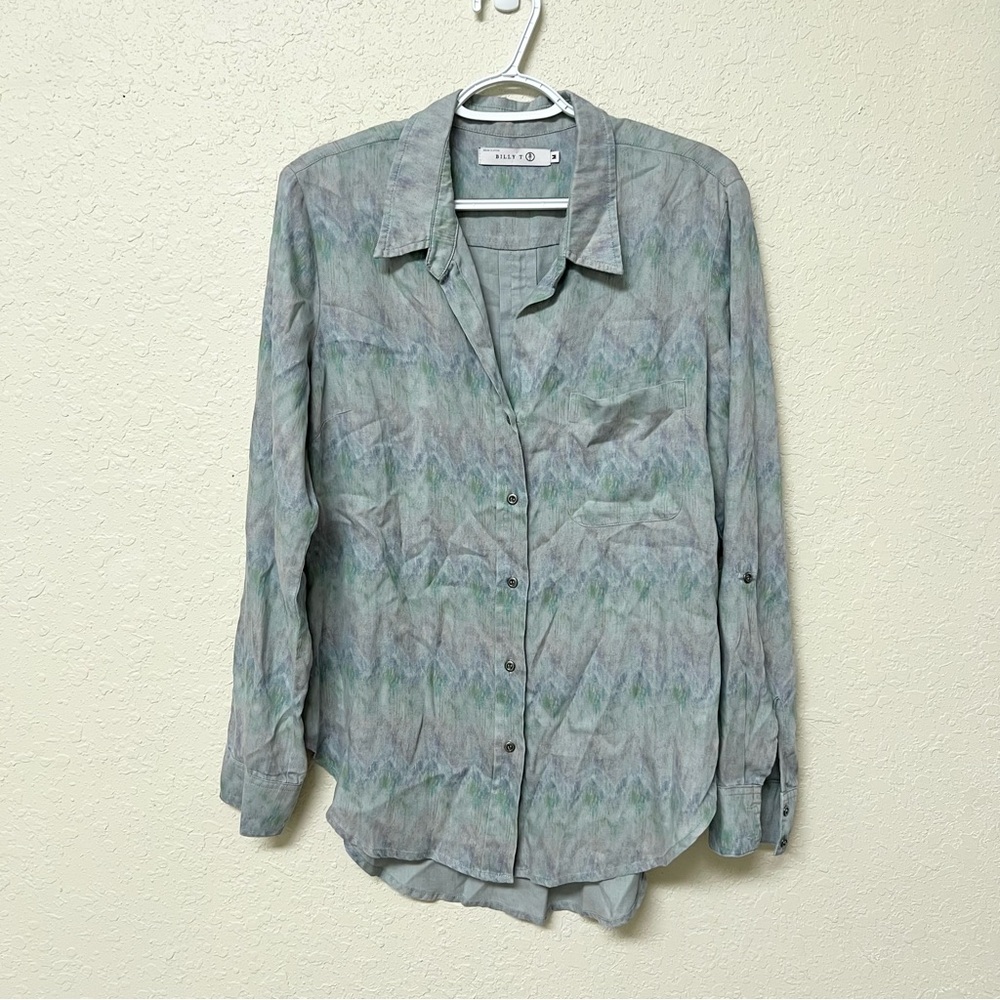 Billy T Button Down Shirt Womens Sz M Pastel Watercolor Linen Lyocell Roll Tab